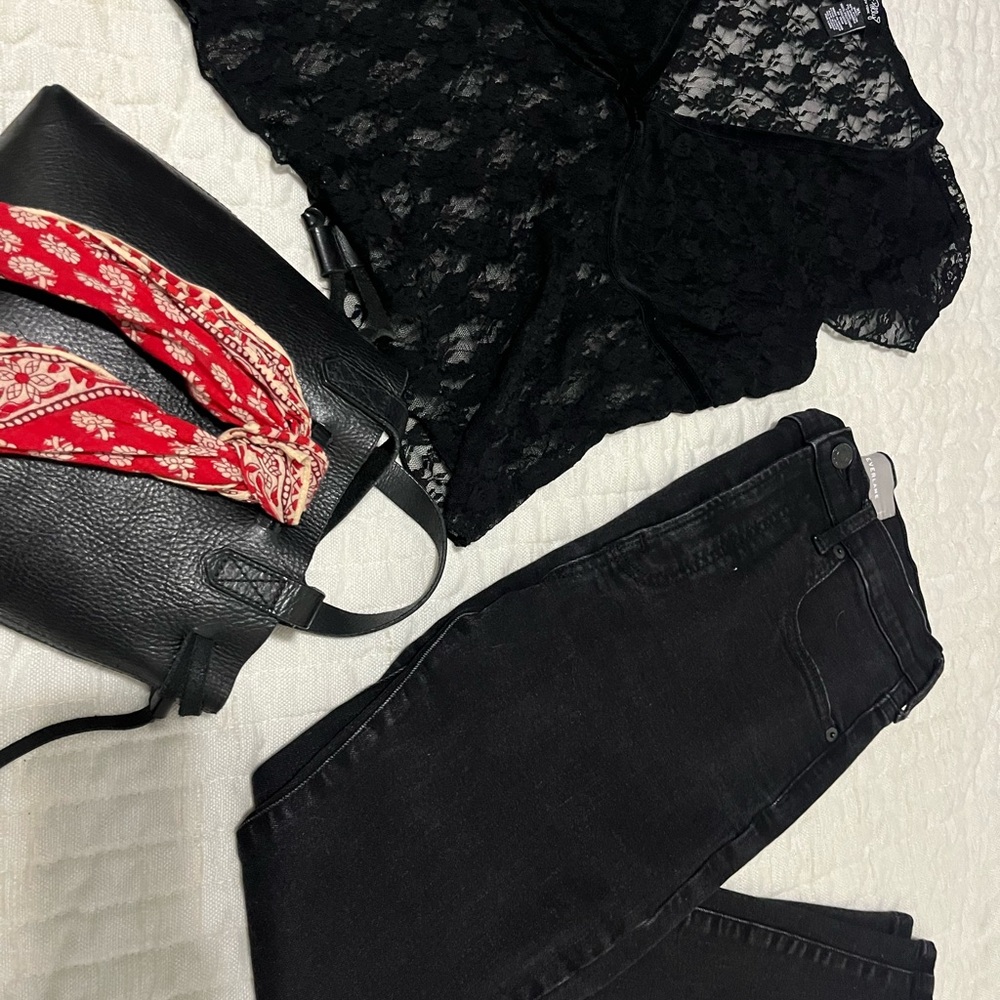 Black Lace Top and Jeans with Red Scarf